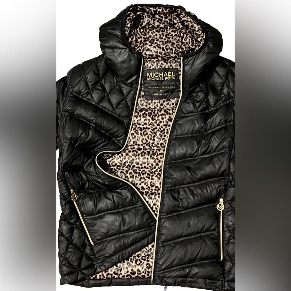 MICHAEL KORS Black Down Zip-Up PUFFER JACKET Hood Leopard Print Lining (Size M)